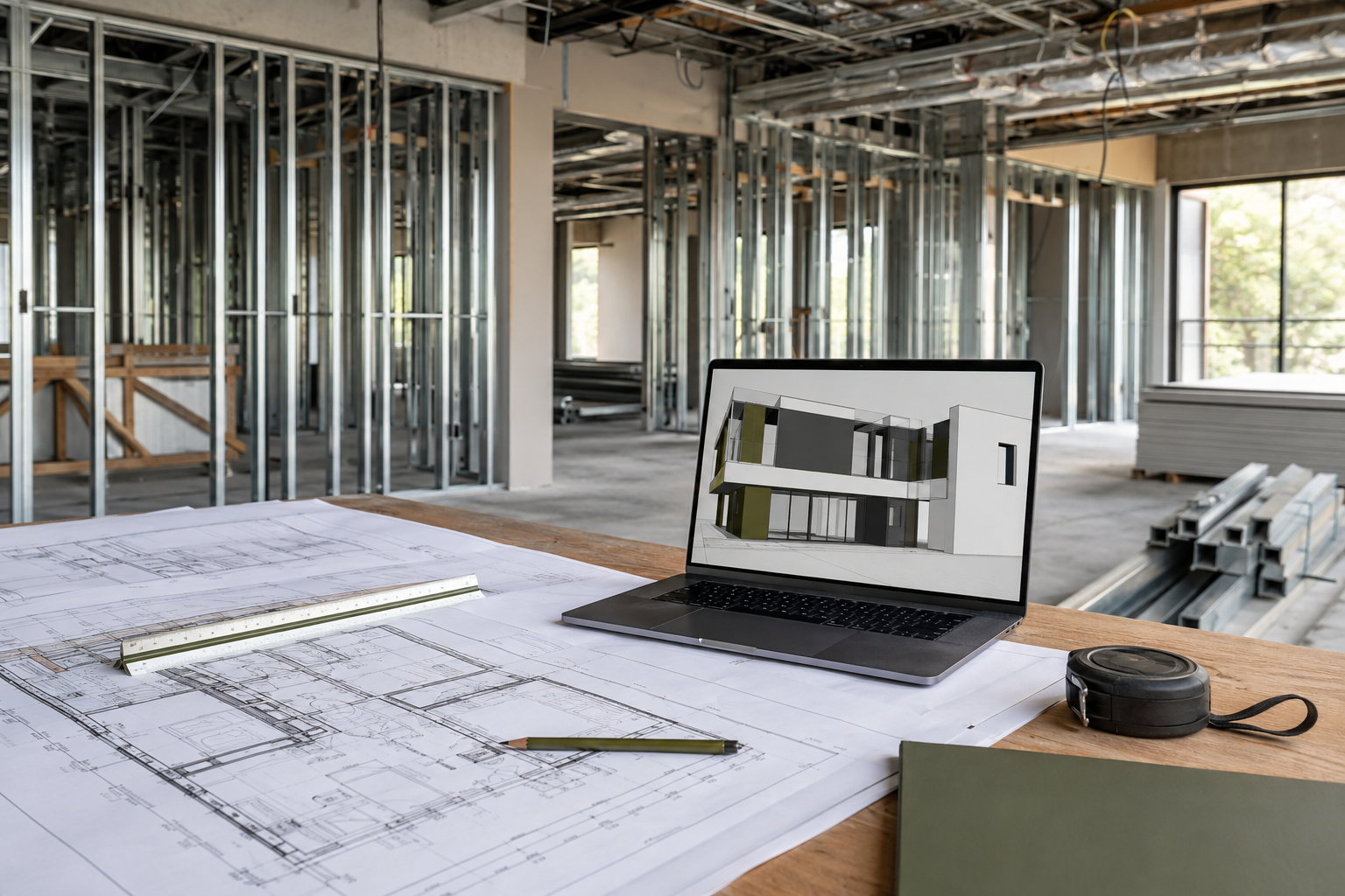 Construction plans and coordinated interior project rendering